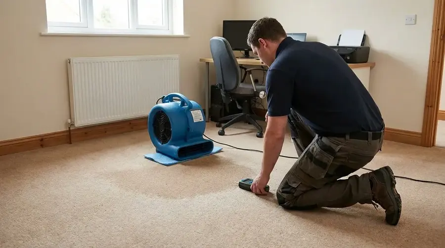 A restoration technician setting up drying equipment in a Converse, TX home
